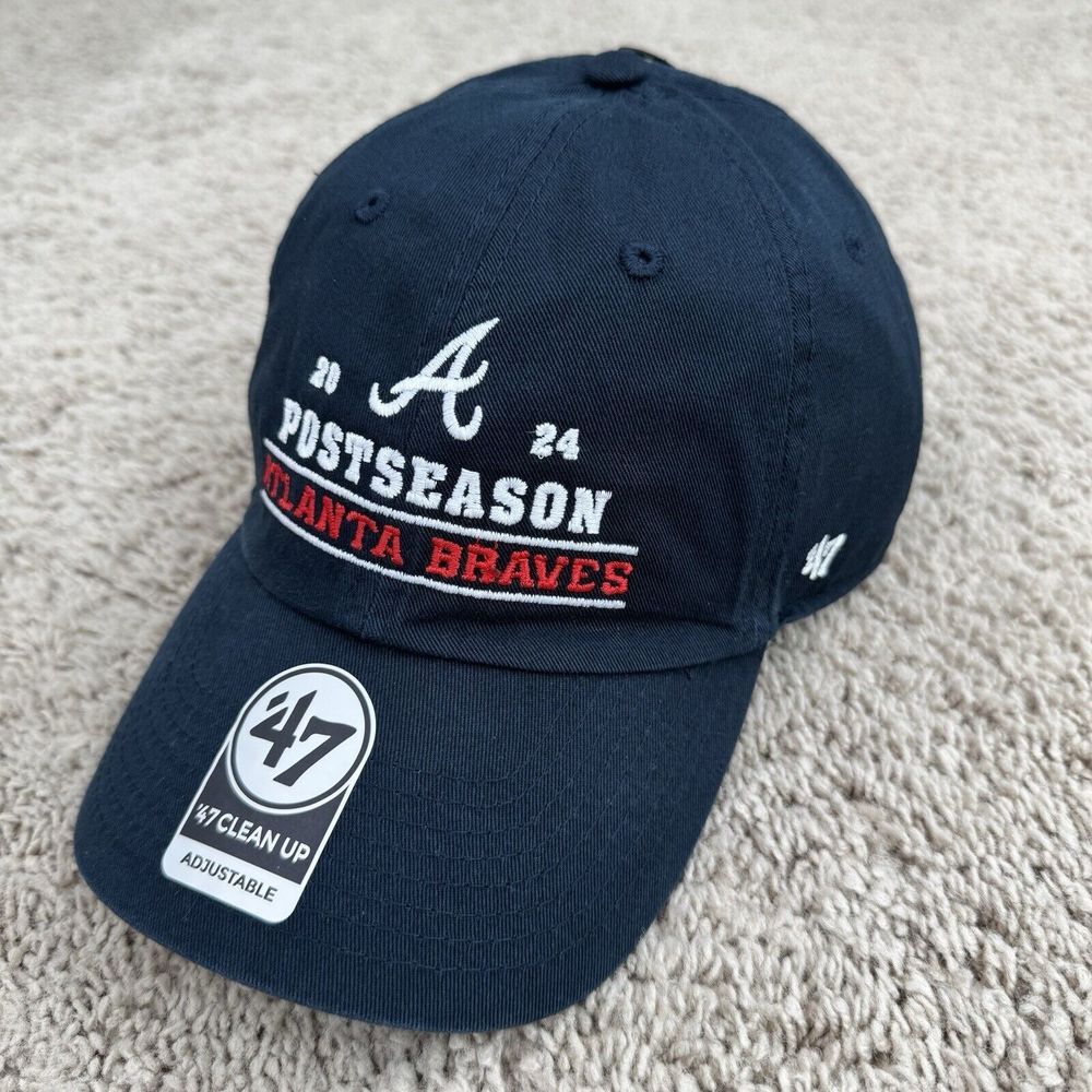 Atlanta Braves Hat 47 Clean‎ Up Buckle Strap Navy Split Bar Logo '24 Postseason